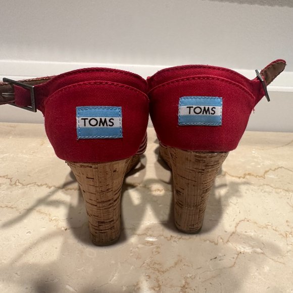 Red & White Stripe Tom's Wedge Sandals - Picture 3 of 5